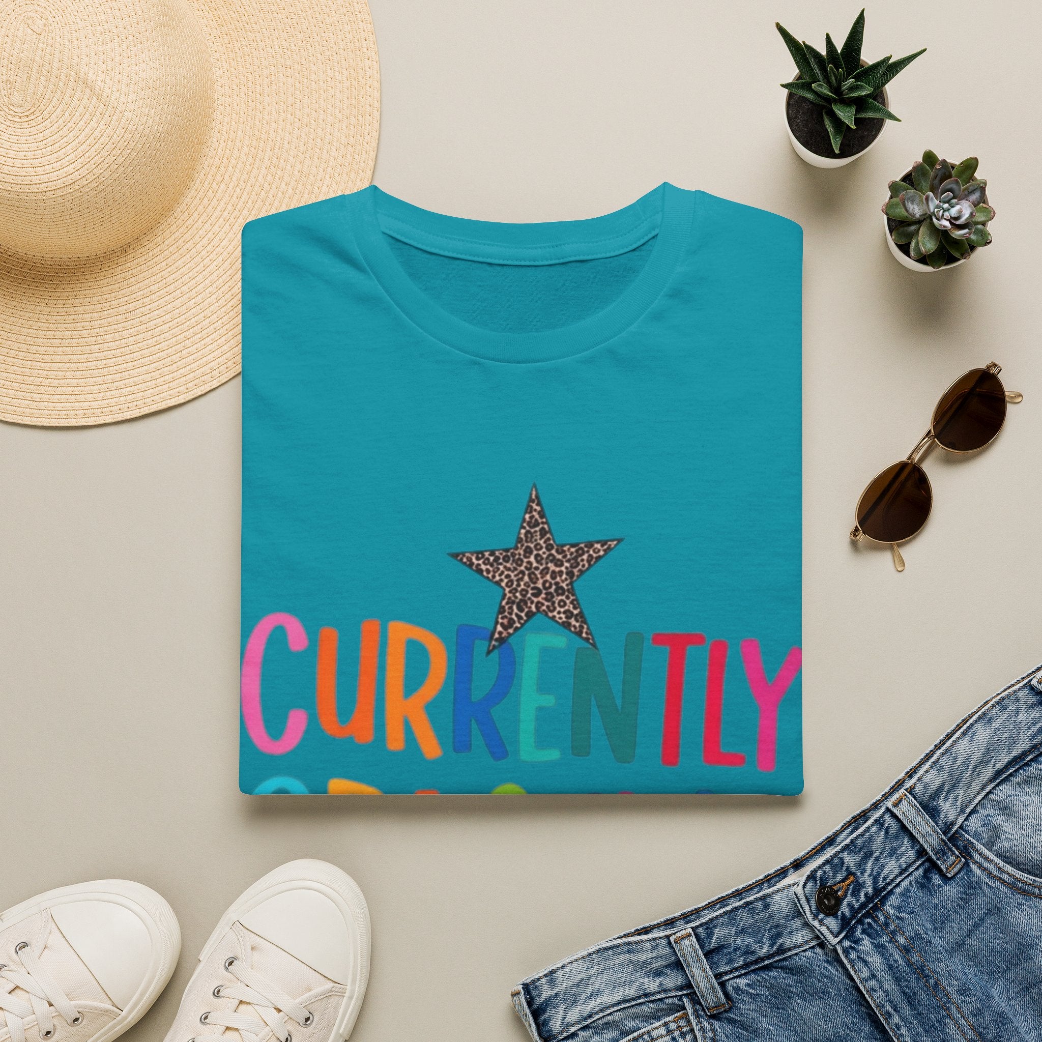 Currently Crashing Out T‑Shirt — Colorful Retro Stars Graphic Tee