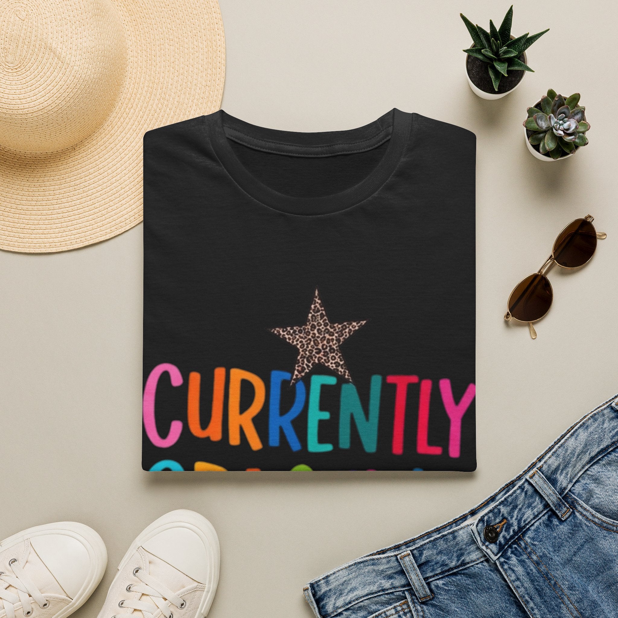 Currently Crashing Out T‑Shirt — Colorful Retro Stars Graphic Tee