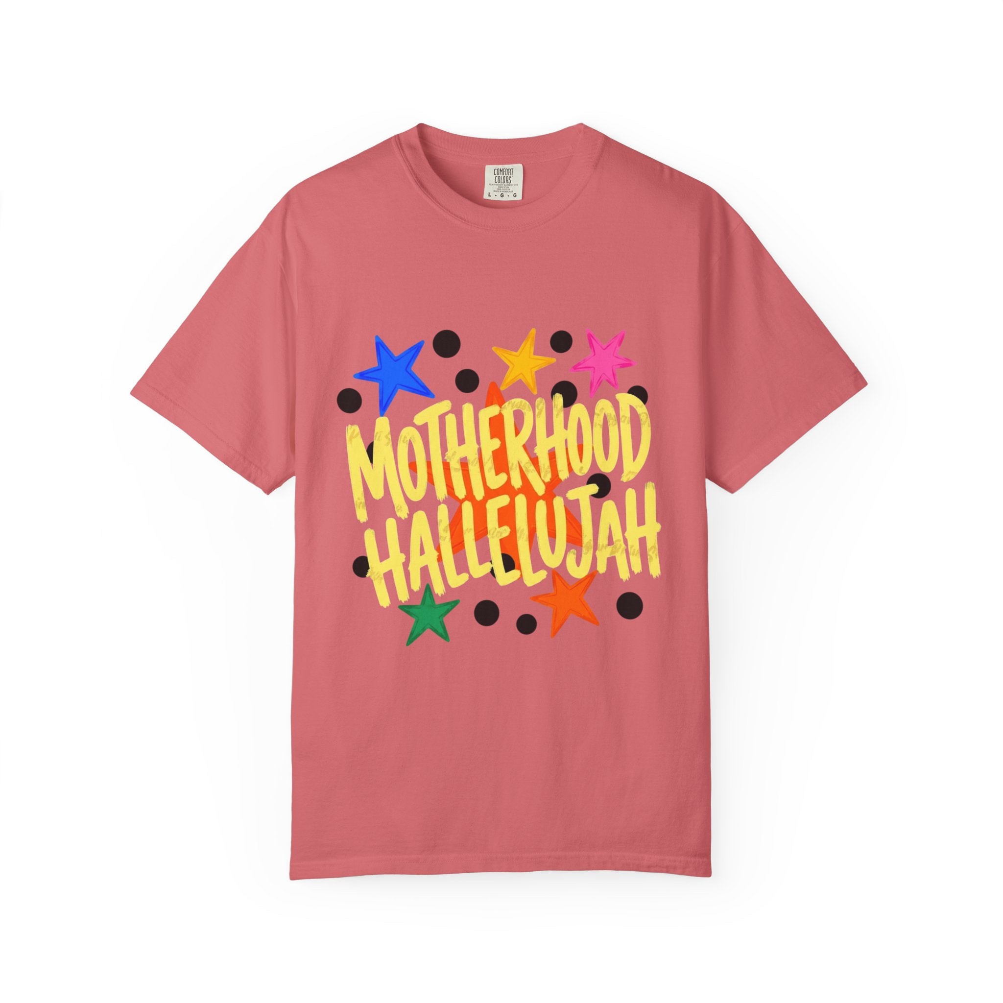 Motherhood Hallelujah T-Shirt — Colorful Stars Graphic Tee for Moms