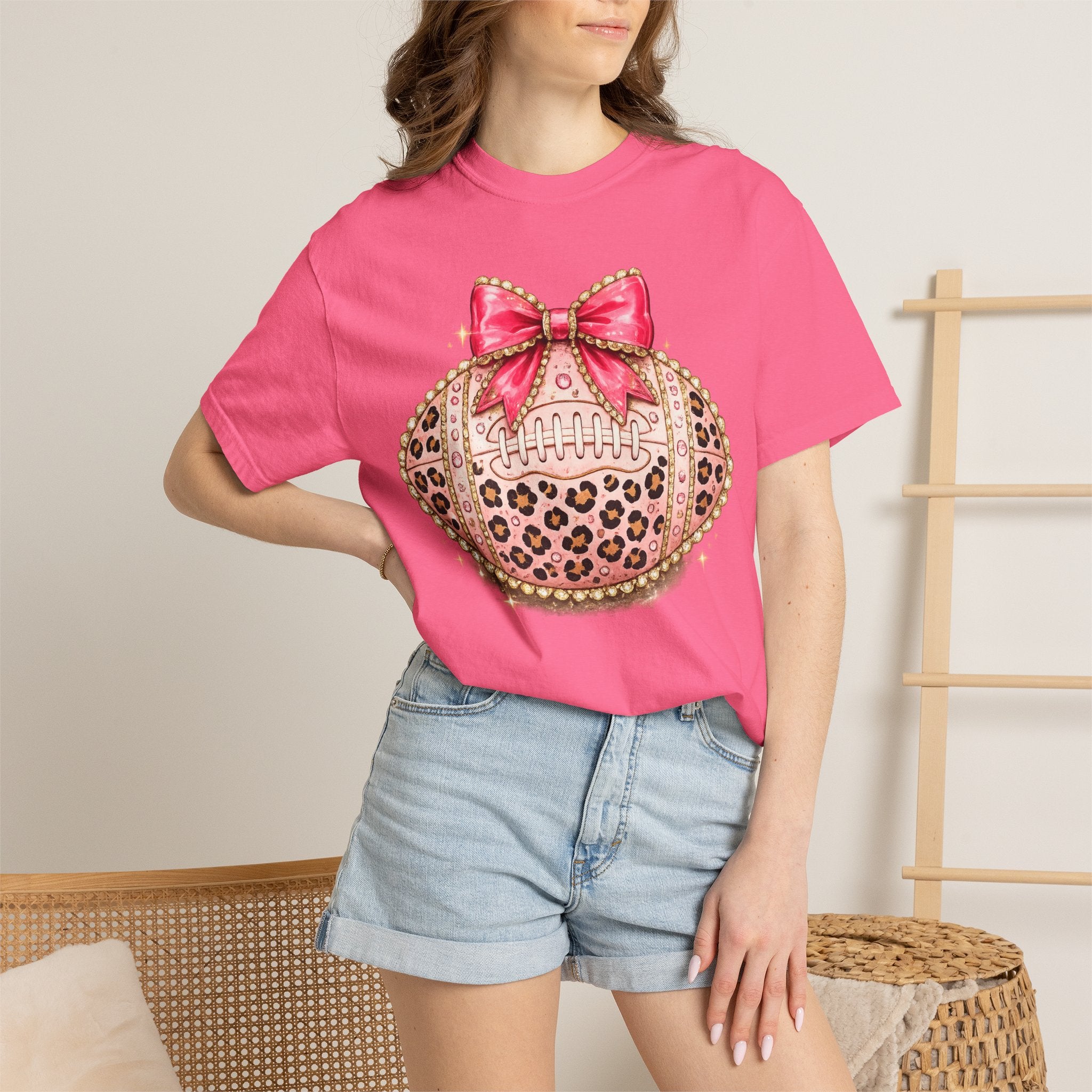 Leopard Print Pink Bow Football T-Shirt