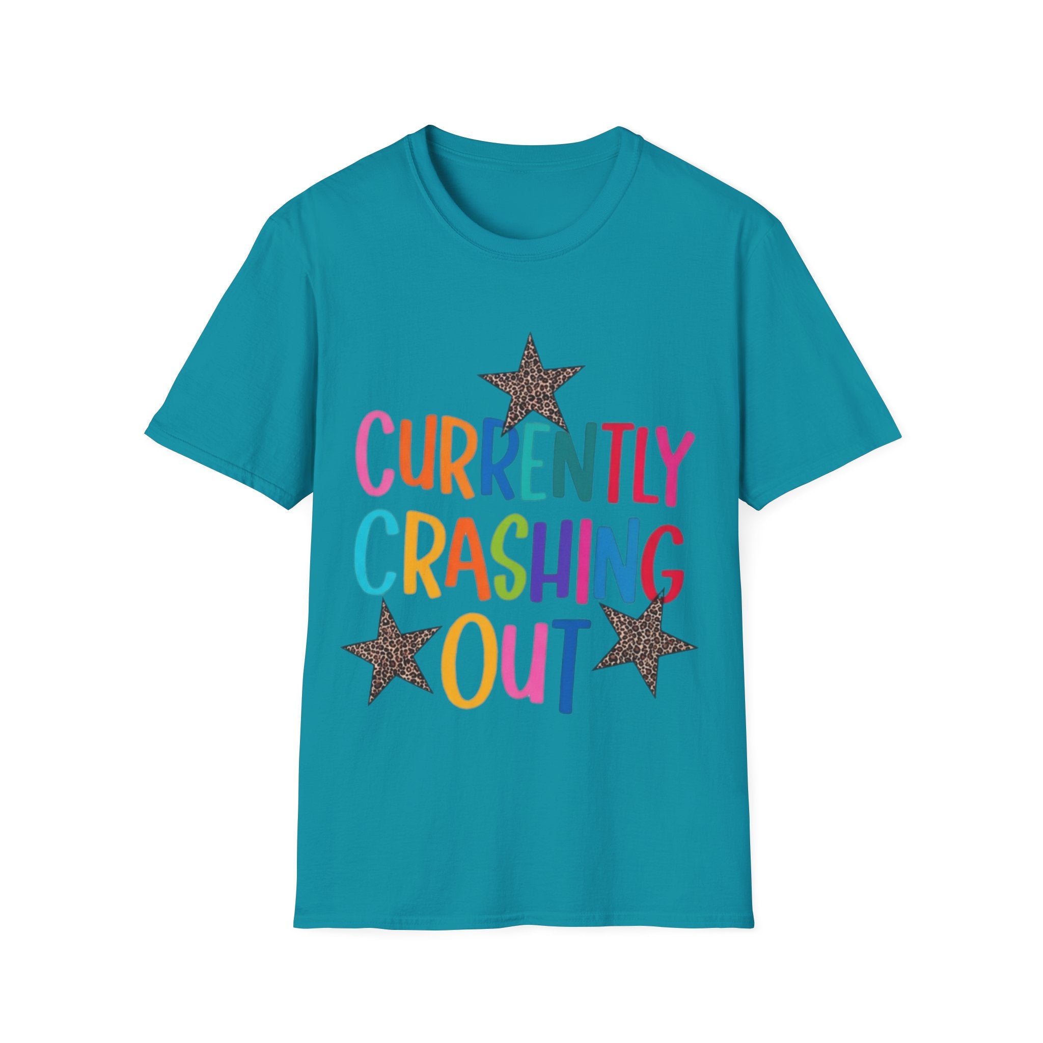 Currently Crashing Out T‑Shirt — Colorful Retro Stars Graphic Tee