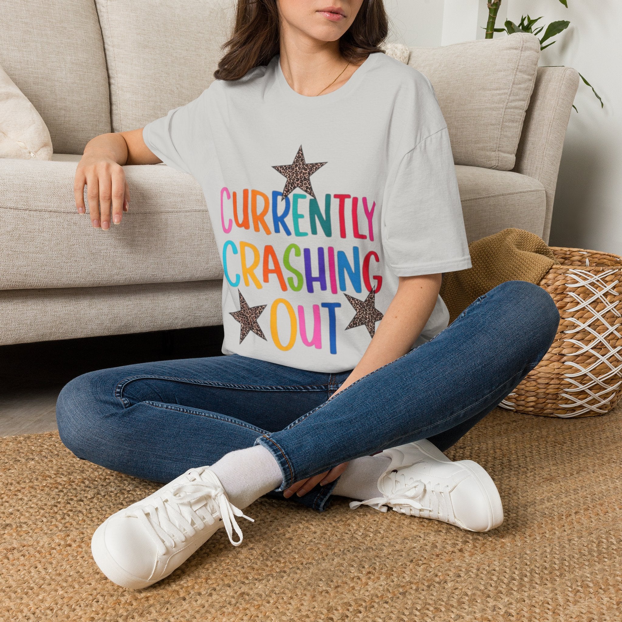 Currently Crashing Out T‑Shirt — Colorful Retro Stars Graphic Tee