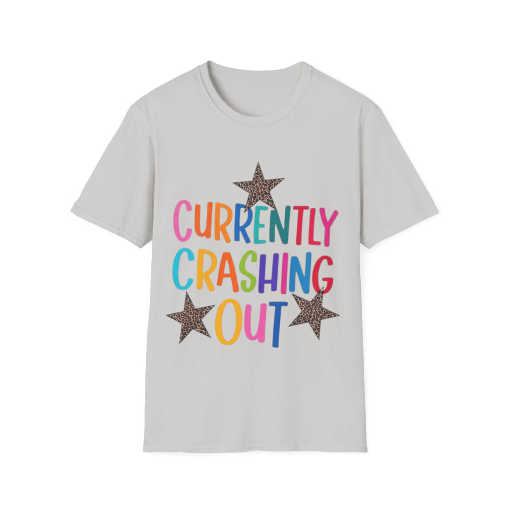 Currently Crashing Out T‑Shirt — Colorful Retro Stars Graphic Tee