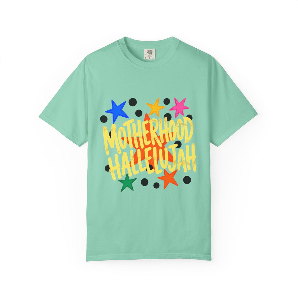 Motherhood Hallelujah T-Shirt — Colorful Stars Graphic Tee for Moms
