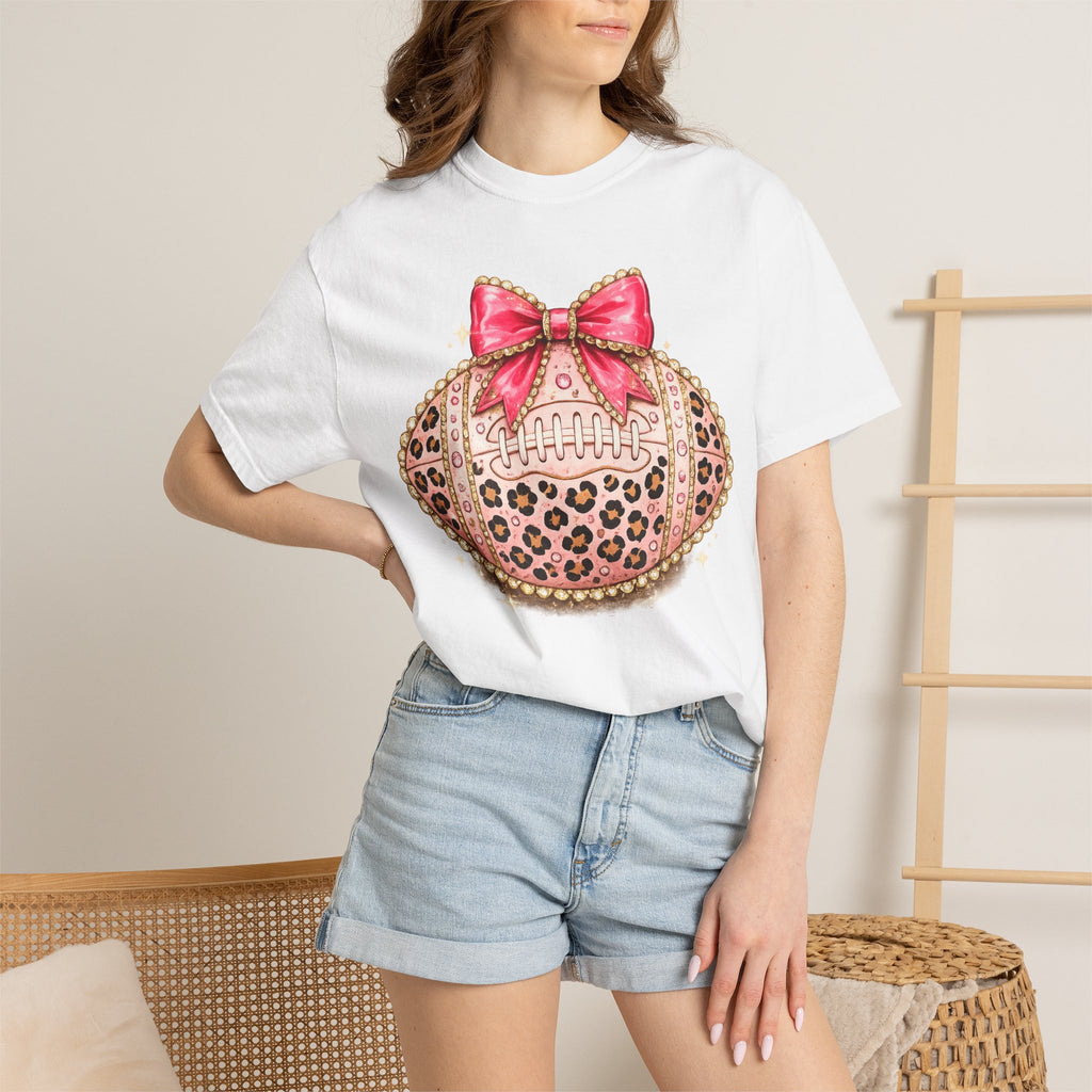 Leopard Print Pink Bow Football T-Shirt