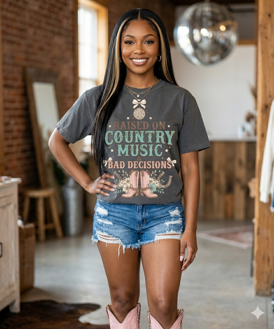 Country Music T-Shirt — "Raised on Country Music & Bad Decisions" Vintage Western Tee