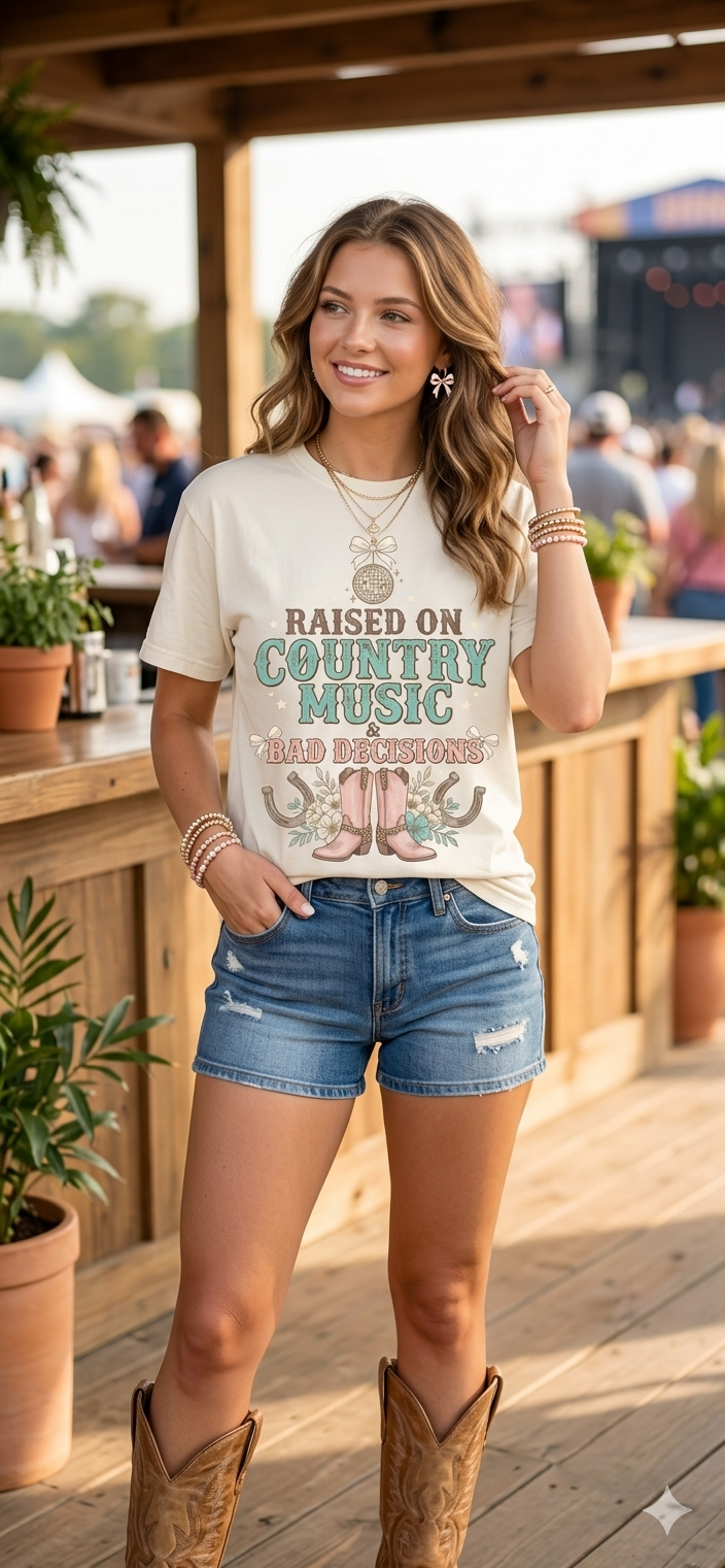Country Music T-Shirt — "Raised on Country Music & Bad Decisions" Vintage Western Tee