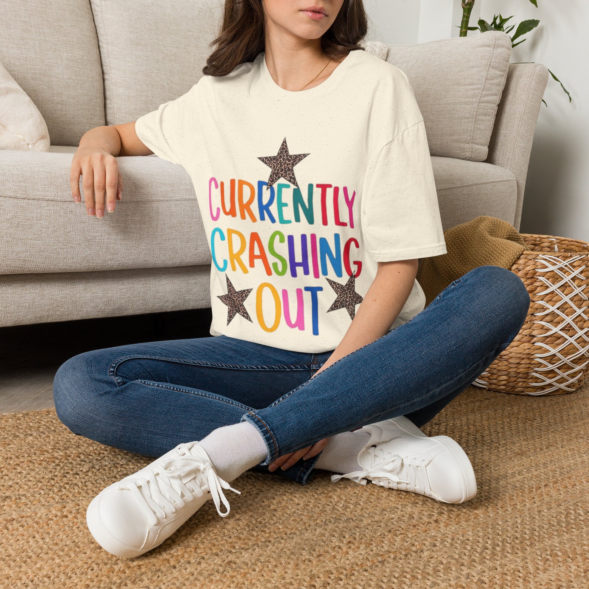 Currently Crashing Out T‑Shirt — Colorful Retro Stars Graphic Tee