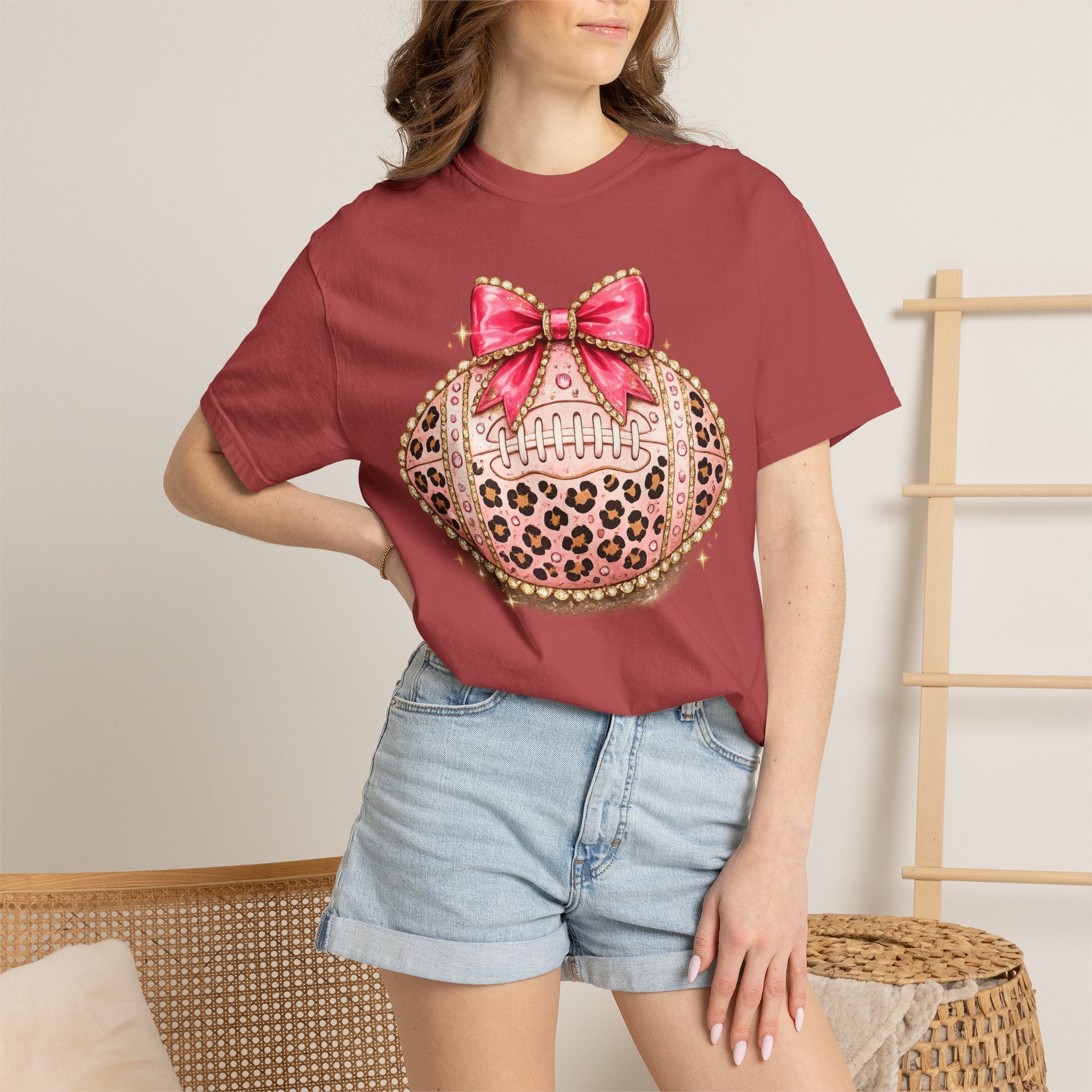 Leopard Print Pink Bow Football T-Shirt