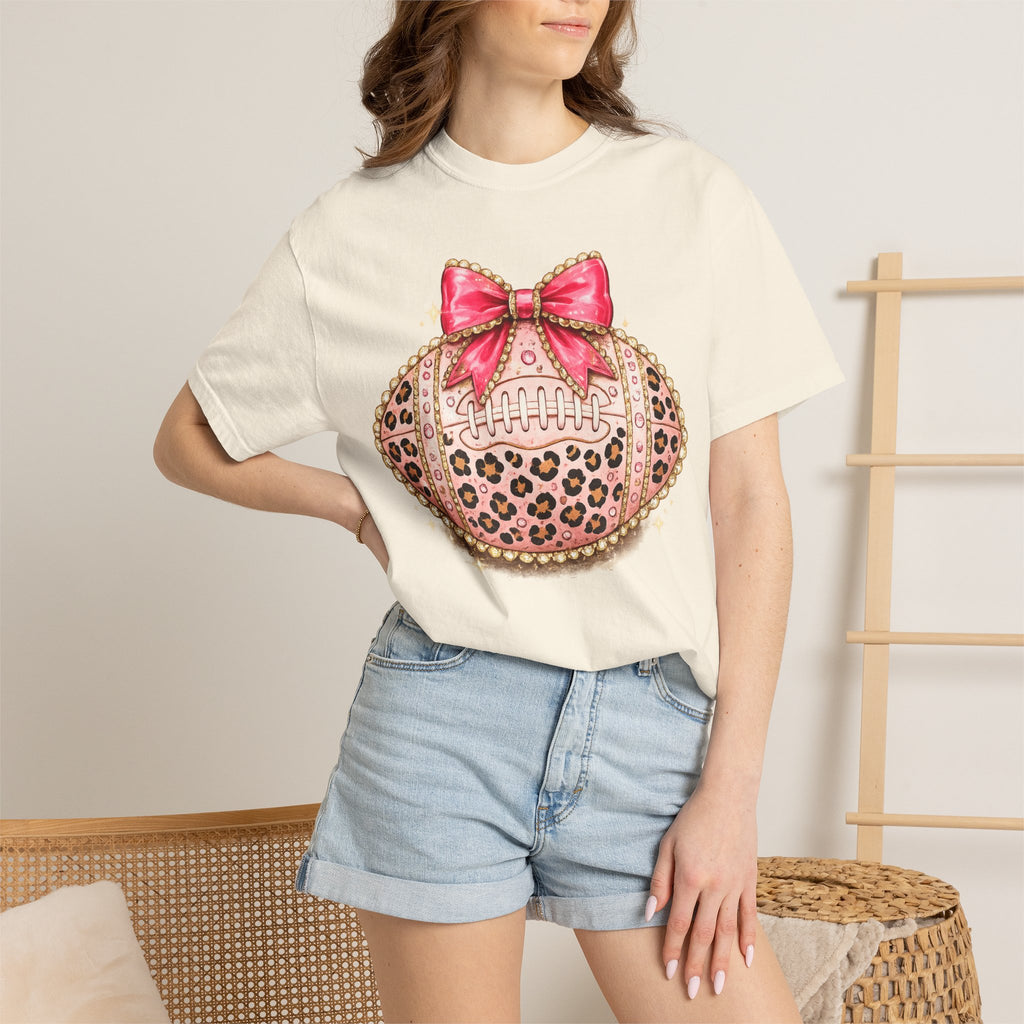 Leopard Print Pink Bow Football T-Shirt