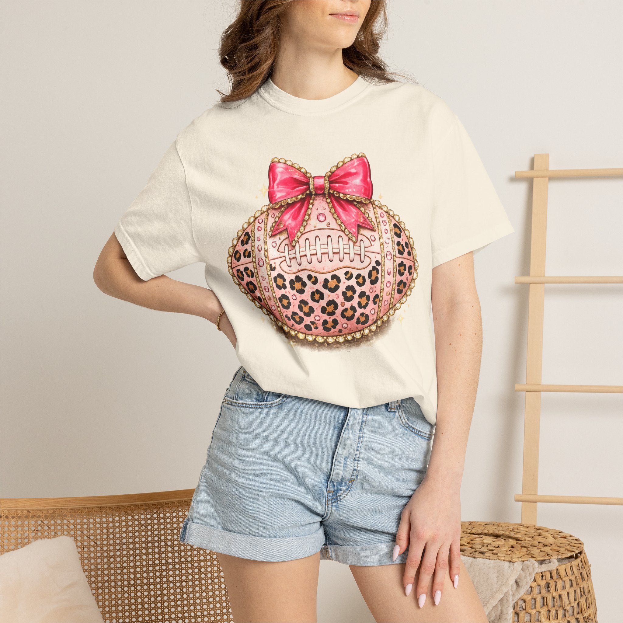 Leopard Print Pink Bow Football T-Shirt