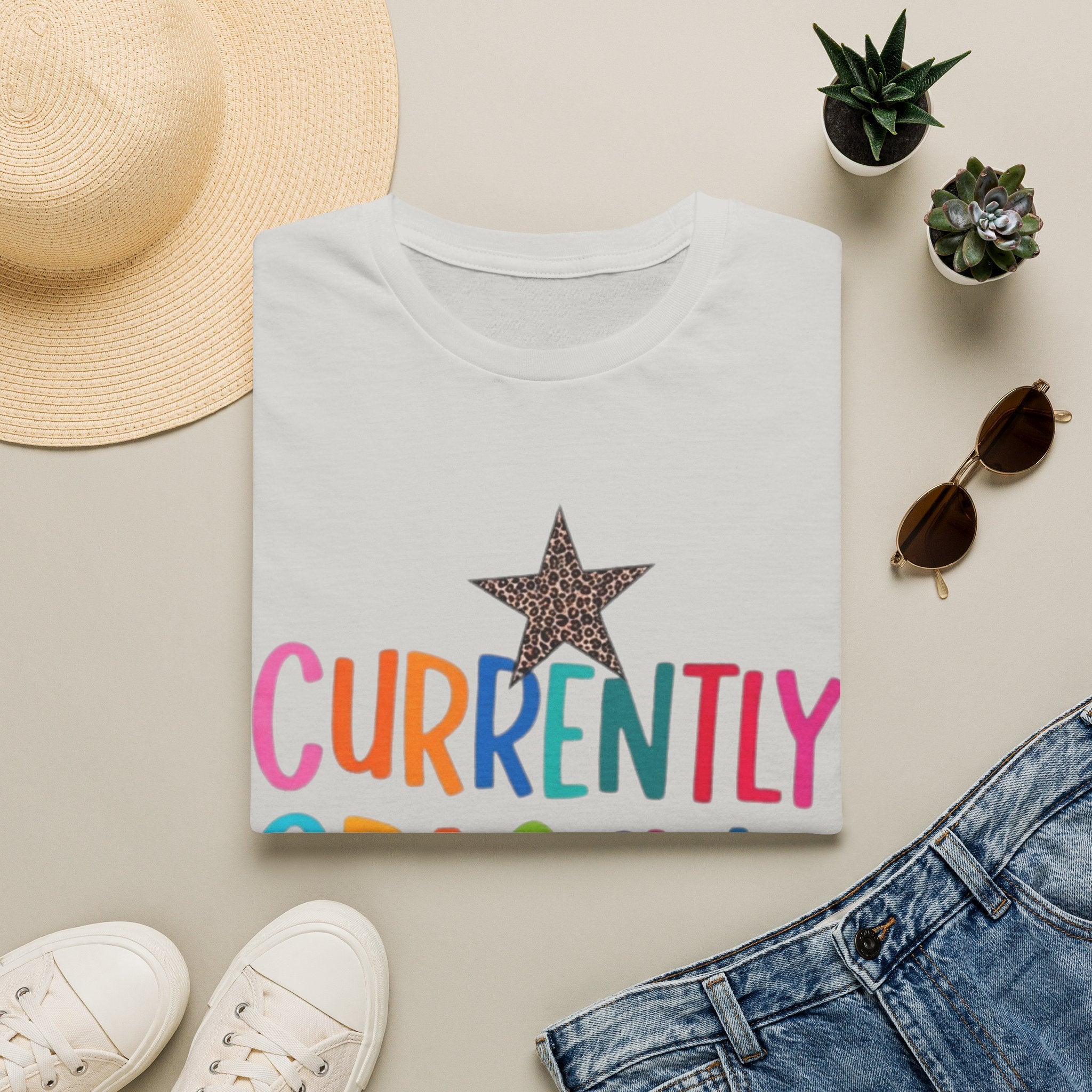 Currently Crashing Out T‑Shirt — Colorful Retro Stars Graphic Tee