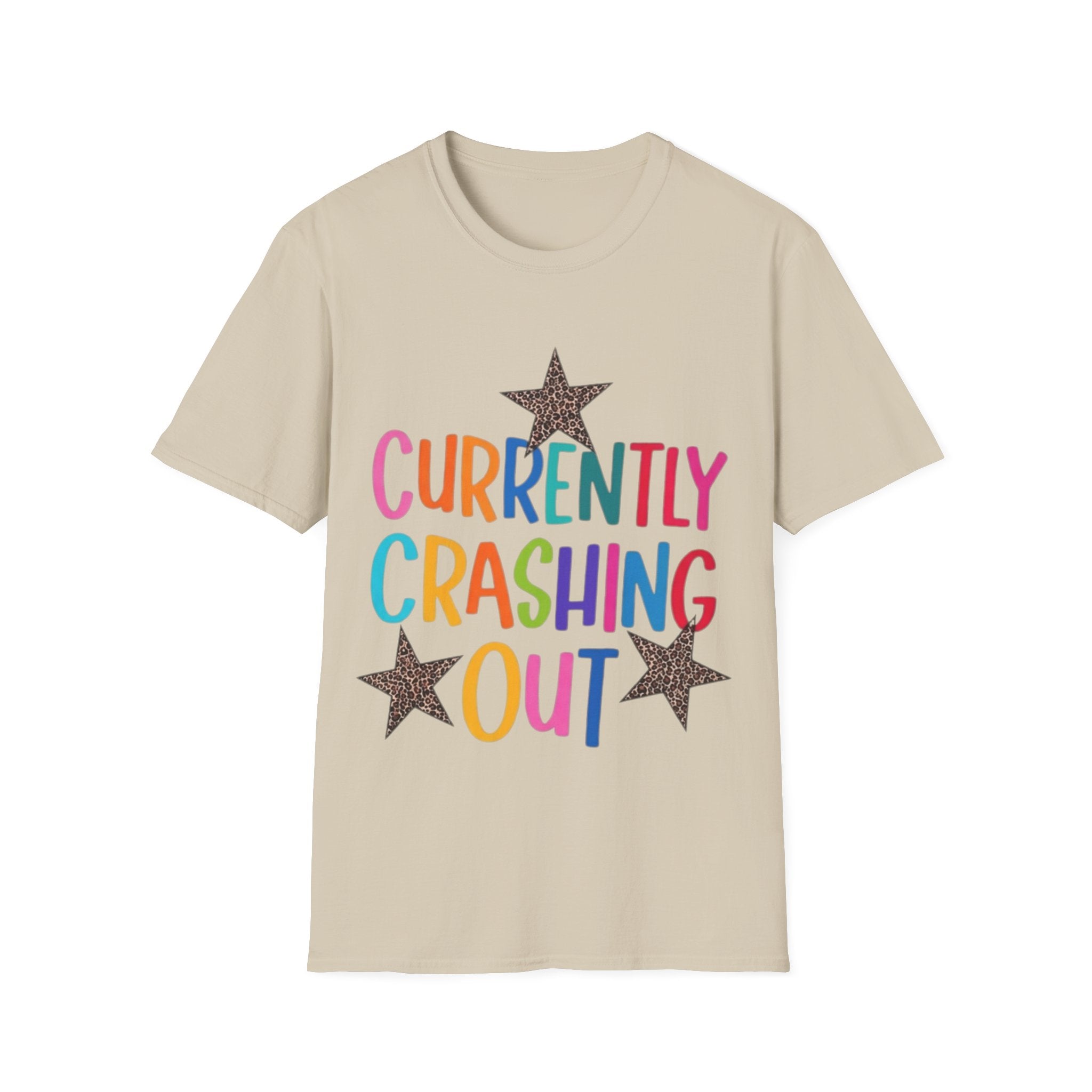 Currently Crashing Out T‑Shirt — Colorful Retro Stars Graphic Tee