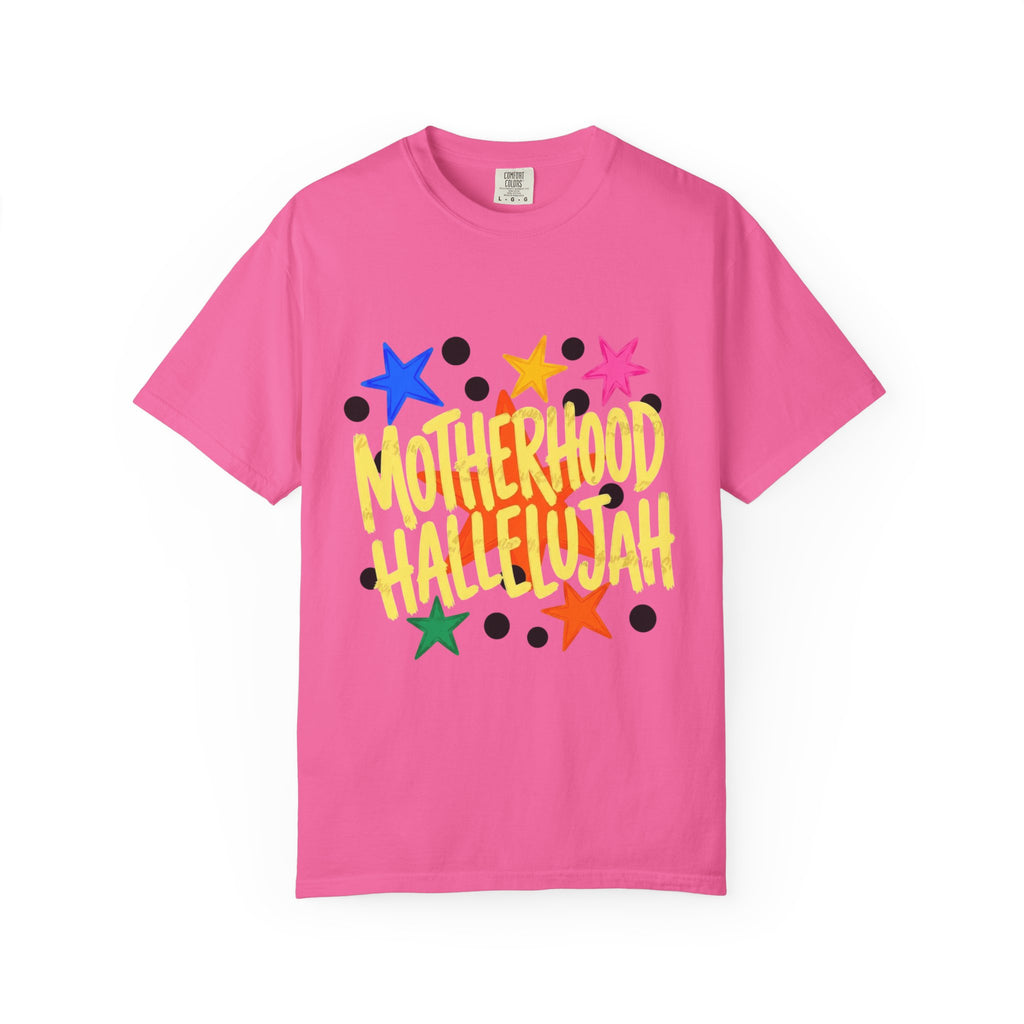 Motherhood Hallelujah T-Shirt — Colorful Stars Graphic Tee for Moms