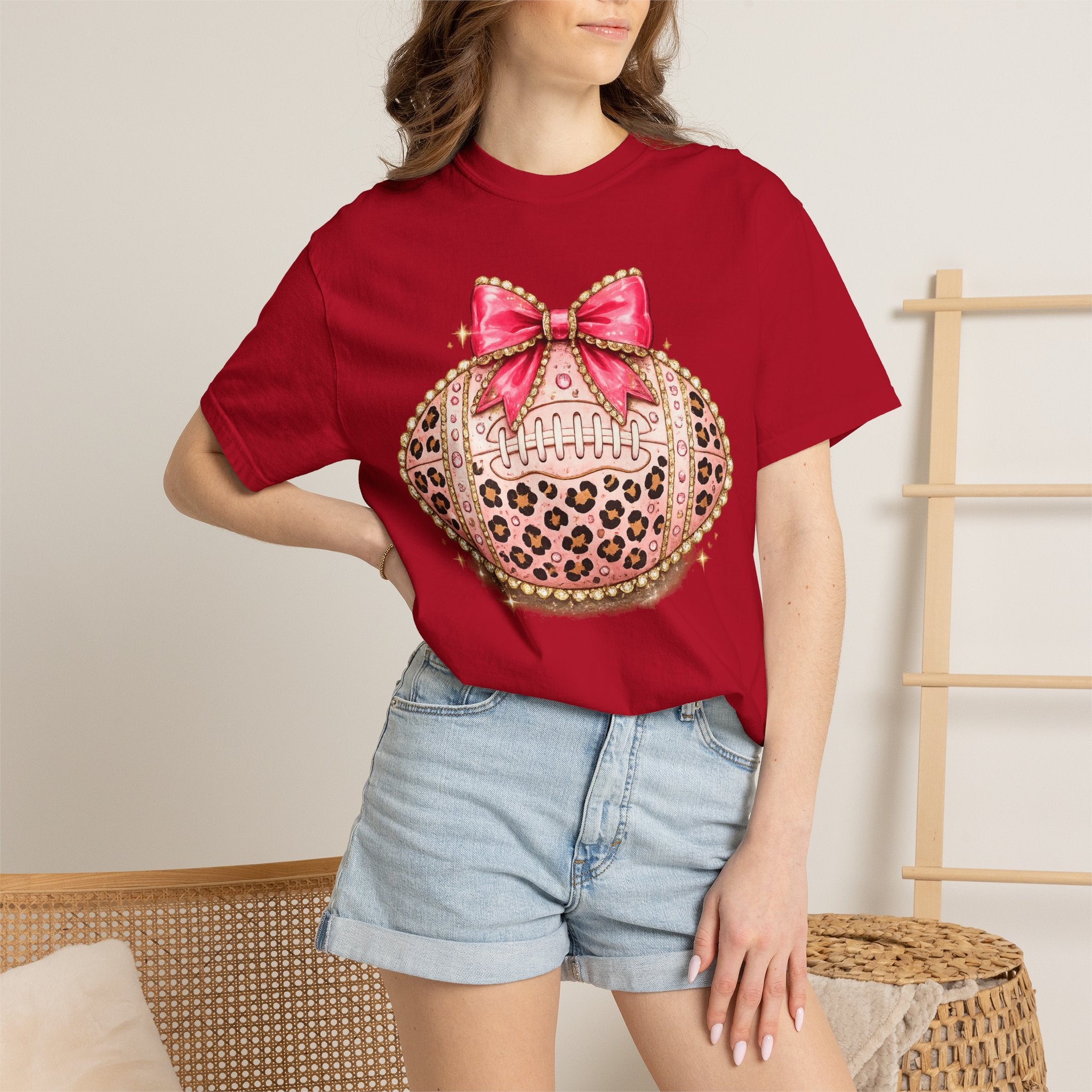 Leopard Print Pink Bow Football T-Shirt