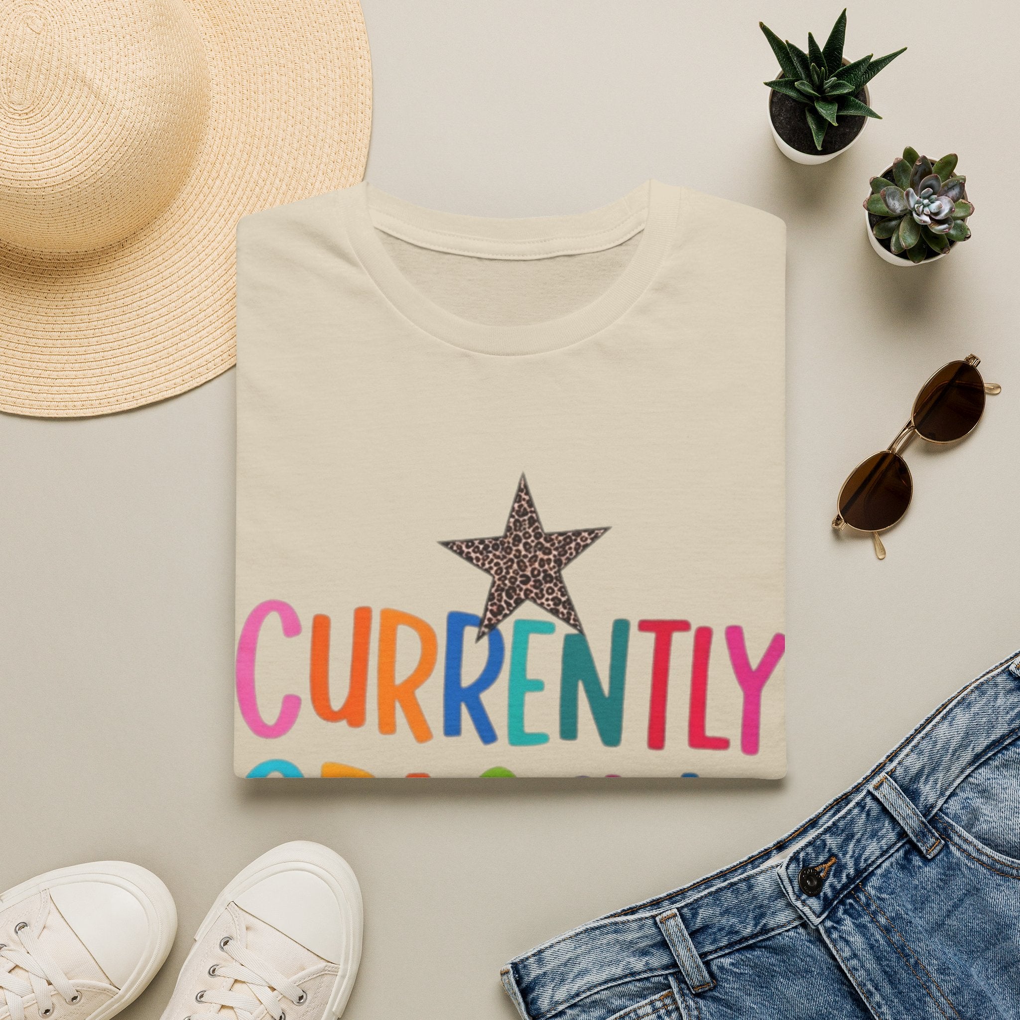 Currently Crashing Out T‑Shirt — Colorful Retro Stars Graphic Tee