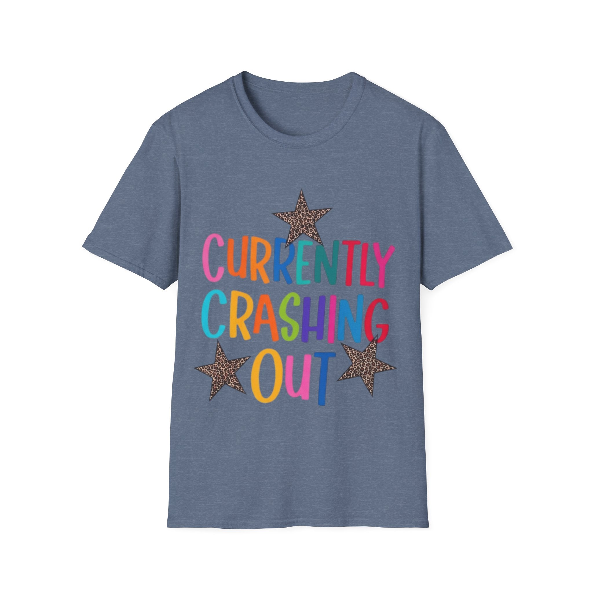Currently Crashing Out T‑Shirt — Colorful Retro Stars Graphic Tee