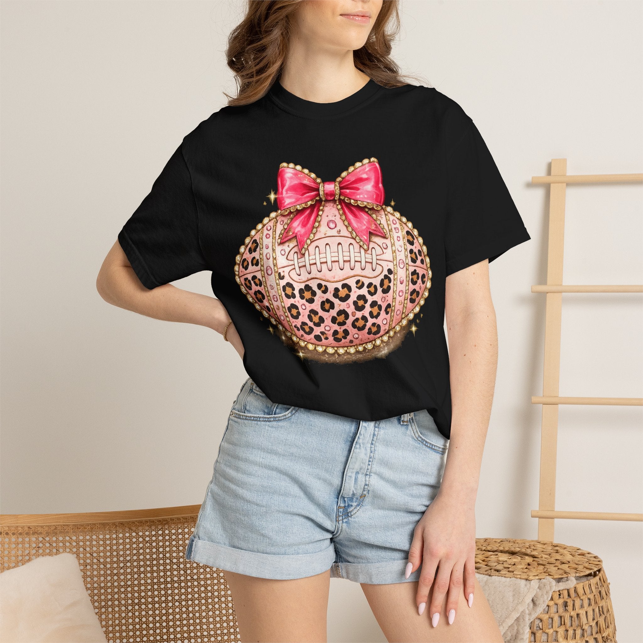 Leopard Print Pink Bow Football T-Shirt